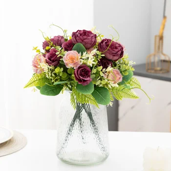 Искусственные цветы Шелковый букет пионов, ваза для роз для домашнего декора, Садовая свадьба, декоративные искусственные растения, материал Рождественской гирлянды 8