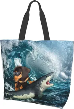 Женская сумка для покупок с таксой и акулой, занимающаяся серфингом, большой емкости, океанский легкий органайзер-тоут через плечо 2