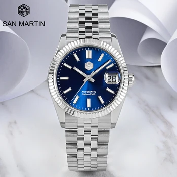 Мужские наручные часы San Martin, юбилейный браслет, ретро Классические Роскошные Автоматические Механические часы Sapphire Cyclops, водонепроницаемость 10 бар 11