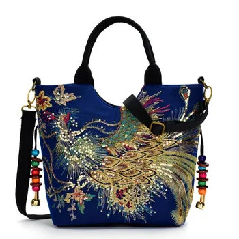 Женская сумка через плечо ручной работы, блестящая, расшитая Павлином, Богемная сумочка в стиле Ретро, большая вместительная холщовая сумка-тоут для покупок 4