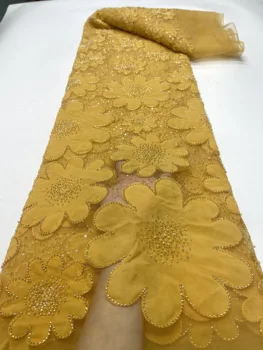 Новейшие Нигерийские кружева 2023 года высокого качества для свадебного платья 4,5 м кружевной ткани с золотым бисером, модной свадебной вышивкой, 3D цветочным кружевом 10
