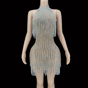 Сексуальное платье с серебристыми стразами и бахромой без спинки на день рождения, свадьбу, прозрачное представление, вечерний костюм-стрейч 14