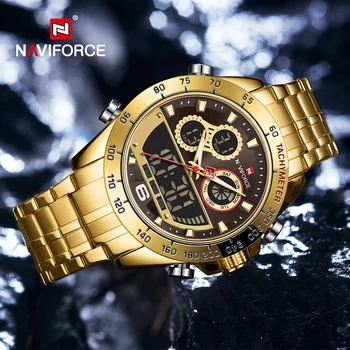 Мужские военно-спортивные часы NAVIFORCE из золота и нержавеющей стали, водонепроницаемые кварцевые наручные часы, Светодиодные цифровые часы Relogio Masculino 10