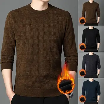 Мужской осенне-зимний свитер, вязаный пуловер с длинным рукавом, толстая теплая Мягкая плюшевая аппликация, повседневный свитер средней длины, топ снизу