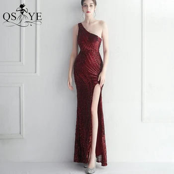 Темно-красные длинные платья на одно плечо для выпускного вечера Уникальное вечернее платье с кружевным узором и блестками, сексуальное вечернее платье с разрезом бордового цвета, приталенное шикарное платье 14
