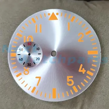 Серебристый циферблат часов Pilot диаметром 38,9 мм, оранжевый, светящийся, подходит для механизма ETA 6497 11