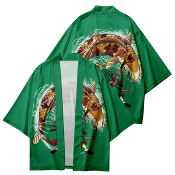 Юката Для мужчин И женщин Модный Кардиган с принтом зеленого Карпа, Свободная блузка, Хаори Оби, Азиатская одежда, Японское Кимоно для косплея в стиле Харадзюку 16