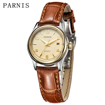 Новые женские механические автоматические часы Parnis с золотым циферблатом 27 мм, Сапфировое стекло, Кожаный ремешок, Календарь, женские часы от ведущего люксового бренда 9