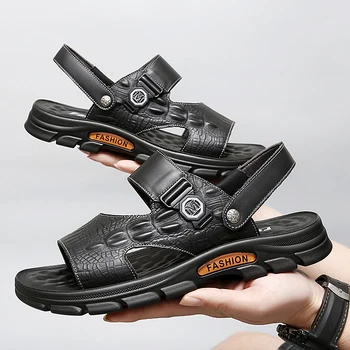 Летние мужские сандалии из натуральной кожи 2023 года, модные универсальные тапочки из воловьей кожи, пляжная обувь из крокодиловой кожи двойного назначения 7