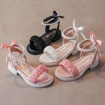 Летние сандалии для девочек; Новые детские модные повседневные универсальные пляжные туфли принцессы на мягкой подошве для учащихся средней школы в римском стиле; 12