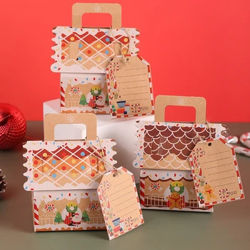 10шт Коробок для рождественских подарков Коробки для упаковки конфет и печенья в форме домика с подвесной этикеткой Принадлежности для упаковки рождественских подарков 6
