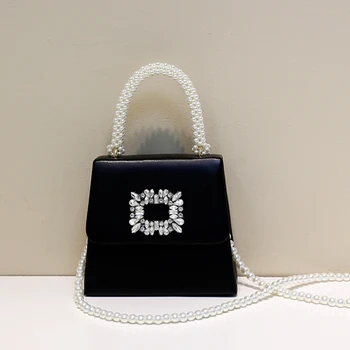 Женская сумка через плечо из искусственной кожи JIOMAY 2023, модные дизайнерские сумки, мини-сумка с клапаном, украшенная стразами, квадратной пряжкой и жемчужной ручкой