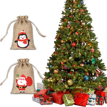 Рождественская сумка на шнурке из конопли, Рождественский подарок с конфетами, Льняной сверток, Карманная сумка для хранения, Новогодние мешочки со снежинками, принадлежности для вечеринок 3