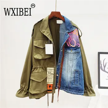 WXIBEI 2023 Весна Осень Высококачественный лацкан с длинным рукавом, винтажное пальто в стиле пэчворк из двух частей джинсовой ткани, женская куртка, Женская FC709 13