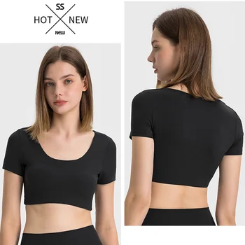 Женская укороченная футболка с U-образным вырезом, облегающая летняя рубашка для йоги в мягкую рубчатую полоску, эластичные топы для тренировок в четырех направлениях с маслянистой текстурой 7
