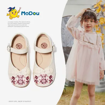 Кожаные туфли для девочки Мо Доу, мягкие нескользящие цветы с вышивкой в китайском стиле, маленькая обувь с узлом в стиле ретро, крючок и петля для принцессы 14