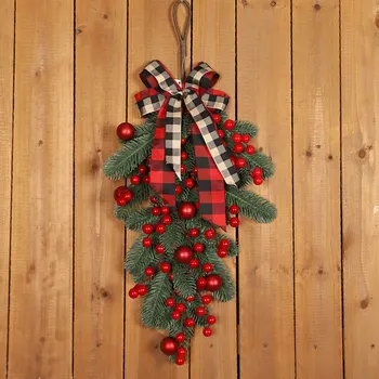 Рождественский венок из красных ягод, венок из сосновых веток, венки из искусственной снежной сосны, венки для входной двери, настенная гирлянда для рождественского новогоднего украшения 6