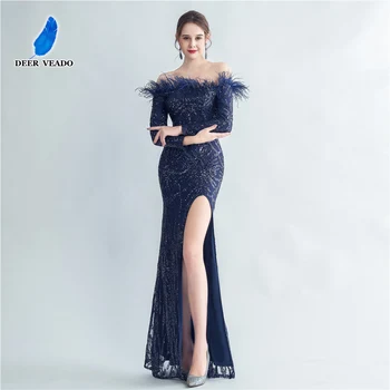 Женское вечернее платье DEERVEADO с разрезом в виде русалки, элегантное вечернее платье Макси с блестками и перьями, платье для особых случаев, длинное 9
