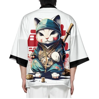 Традиционное Кимоно с принтом Белого Кота 2023, Японский стиль, Женская и мужская уличная одежда, Пляжный Кардиган, рубашки Хаори для косплея, Топ