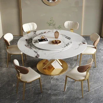 Круглый стол с поворотом на 360 °, гладкий поворотный стол, дизайнерская обеденная мебель из нержавеющей стали, кухонный стол и стул из каменной плиты