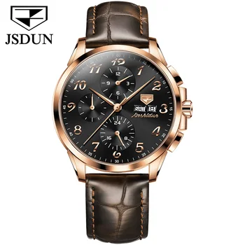 JSDUN 8914 Механические часы Мужские Автоматические Кожаные часы 50 метров Водонепроницаемые деловые наручные часы с двойным календарем и пряжкой-бабочкой 13