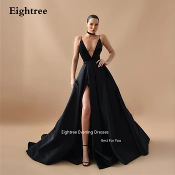 Сексуальные вечерние платья Eightree, черные, с глубоким V-образным вырезом, на бретельках-спагетти, с длинным высоким разрезом, Атласные вечерние платья Vestidos De Noche, 2023 г. 1
