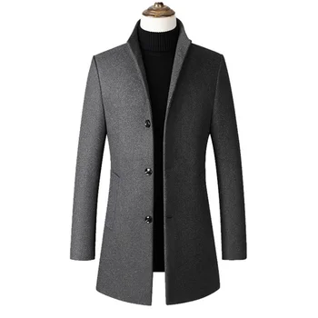 Шерстяное пальто, приталенная куртка, повседневный тренч, мужское Серое шерстяное пальто, зимние мужские куртки из смеси шерсти Большого размера 16