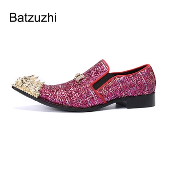 Batzuzhi Роскошные мужские туфли ручной работы, кожаные модельные туфли с острым золотым металлическим носком для мужчин, вечерние и свадебные туфли Zapatos 10