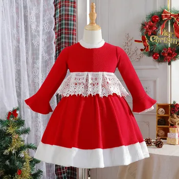 Красное Рождественское платье для маленьких девочек, Рождественское платье Санта-Клауса, Кружевное платье принцессы с длинным рукавом, Зимняя Карнавальная вечеринка, Новогодний халат