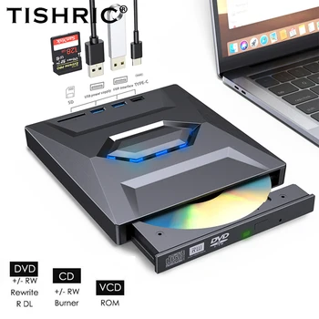 TISHRIC CD DVD Привод USB 2,0/3,0 Type C Внешний DVD RW Устройство Записи компакт-Дисков Устройство Чтения С USB-Портом Слот Для Карт SD/TF Для Ноутбука Notebook 2