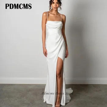 PDMCMS, Простые атласные Вечерние платья на бретельках, Свадебные платья Русалки с бантом, Халат Невесты, Минималистичное вечернее платье с разрезом на заказ.