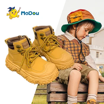 Модный тренд для детей Mo Dou, Универсальные кожаные ботинки для мальчиков и девочек, осенние повседневные ботинки, однотонные ботинки в стиле ретро 9