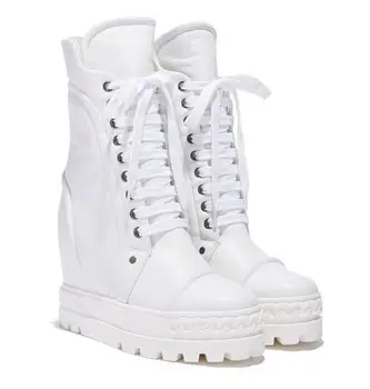 Женские белые кроссовки с высоким берцем из натуральной кожи, увеличивающие рост, Армейские ботинки на платформе и танкетке, увеличивающие рост, женские уличные ботильоны 4