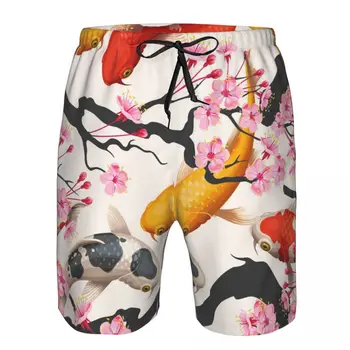 Мужские пляжные короткие шорты для плавания с рисунком рыбки Кои и вишни Сакуры для серфинга, спортивные шорты для серфинга, купальники 4