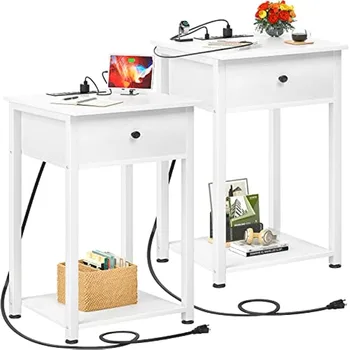 Комплект из 2 тумбочек с зарядной станцией, приставной столик с USB-портами, Прикроватная тумбочка из дерева, Белая прикроватная тумбочка, белый