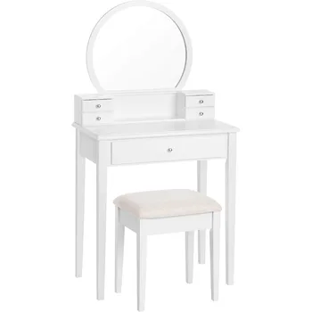 Туалетный столик для Макияжа VASAGLE Vanity Set с Зеркалом, Пуфиком, 5 Выдвижными Ящиками, 27,6 X 15,7 X 52,8 Дюйма, Белая Мебель Для спальни