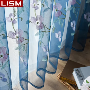 Вышитый цветочный тюль, прозрачная занавеска для гостиной, спальни, кухонного окна, пасторальные тюлевые занавески, шторы из вуалевой ткани LISM 1
