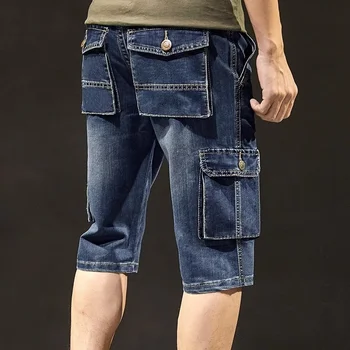 Мужские джинсовые шорты-карго с множеством карманов, летние Свободные прямые укороченные брюки, уличные джинсы для мужчин 3