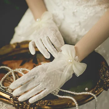 Элегантные свадебные перчатки принцессы для женщин, свадебные перчатки на полный палец, Белые Короткие кружевные перчатки, Свадебное платье, Аксессуары для вечеринок 5