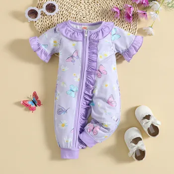 Весенне-летний комбинезон для новорожденных девочек с цветочным принтом в виде бабочки, Короткий рукав, комбинезон с оборками, боди, одежда для малышей
