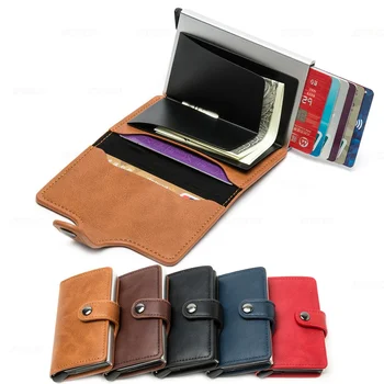 Кожаный держатель для кредитных карт с блокировкой RFID, автоматический всплывающий кошелек, алюминиевый Тонкий карманный футляр для визиток Stonego двойного складывания 9