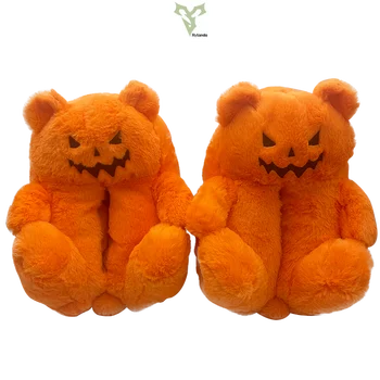 Rytanda Kawaii Плюшевый мишка Тыквенные тапочки Оранжевый Медведь Мягкая плюшевая кукла Домашняя нечеткая домашняя обувь на плоской подошве Для женщин и мужчин Подарки на Хэллоуин 7