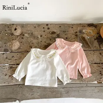 RiniLucia Детская футболка для девочек Осенняя одежда для маленьких девочек Топ с длинным рукавом и цветочной вышивкой Свободная футболка Детская рубашка Наряды