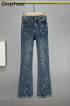 Женские джинсовые брюки-ботфорты Heavy Industry 2023, новые осенние узкие джинсы с высокой талией и буквами из страз, брюки-швабры High Street 5