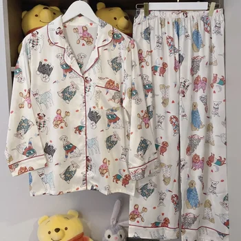Женская сексуальная шелковая пижама с мультяшным рисунком, комплект из двух предметов, летний праздничный костюм, атласное ночное белье, повседневная одежда, кардиган, одежда для отдыха с длинным рукавом 1