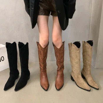 Женские ботинки с длинными рукавами, осень-зима, ковбойские сапоги в стиле Вестерн на толстом каблуке, расшитые Модные рыцарские сапоги с высокими рукавами. 7