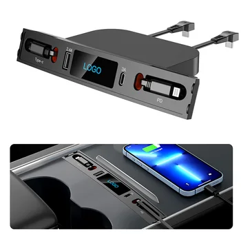 Автомобильное USB-зарядное устройство с несколькими портами на 2021 2022 2023 год, Модель 3 / Y, Многофункциональные Аксессуары с логотипом и выдвижным кабелем 4