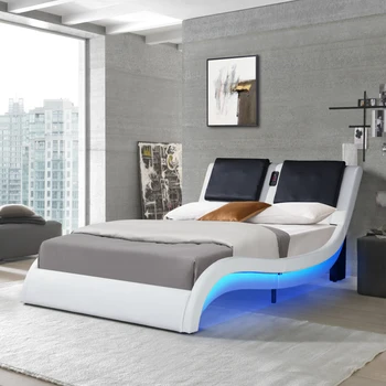 Каркас кровати на платформе, обитый кожей, со светодиодной подсветкой, подключением Bluetooth для воспроизведения музыки / управлением RGB