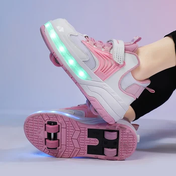 Светодиодная детская обувь для скейтбординга на 4 колеса для мальчиков и девочек, роскошные светящиеся роликовые коньки с подсветкой, USB, детская обувь 30-40 г.