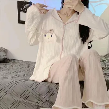 Женская пижама 2023 года, весна-осень, Новый сезонный комплект одежды для отдыха с вышивкой большого размера, пижама с отворотом из мультфильма 15